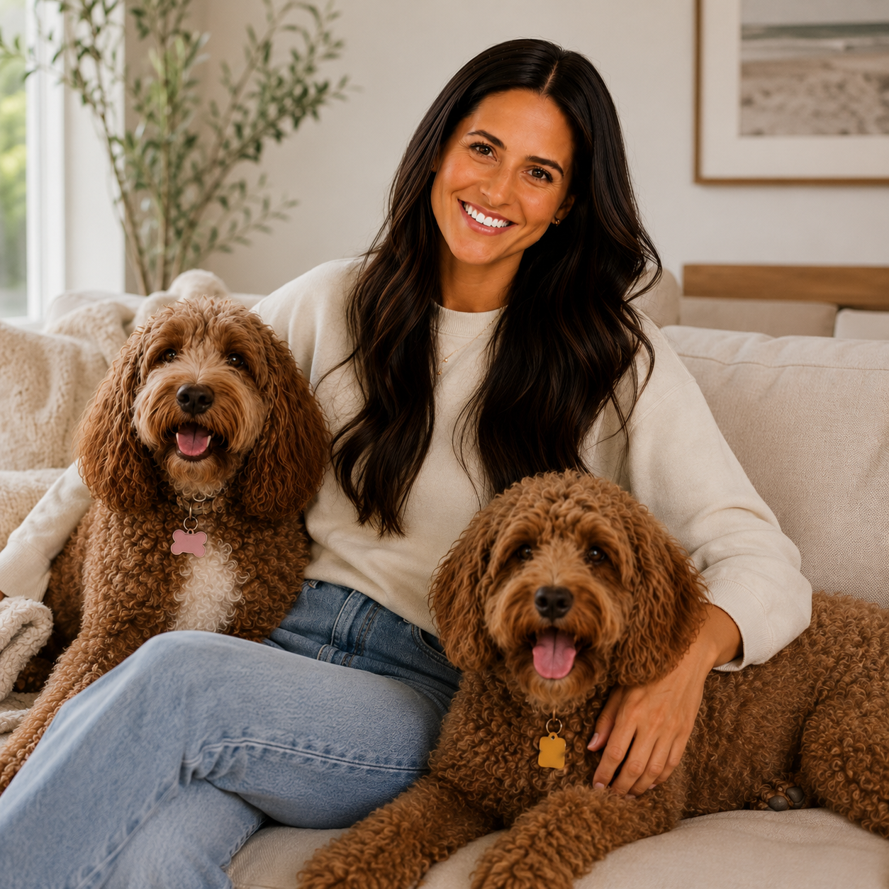 Kaitlynn and her two dogs relaxing at home